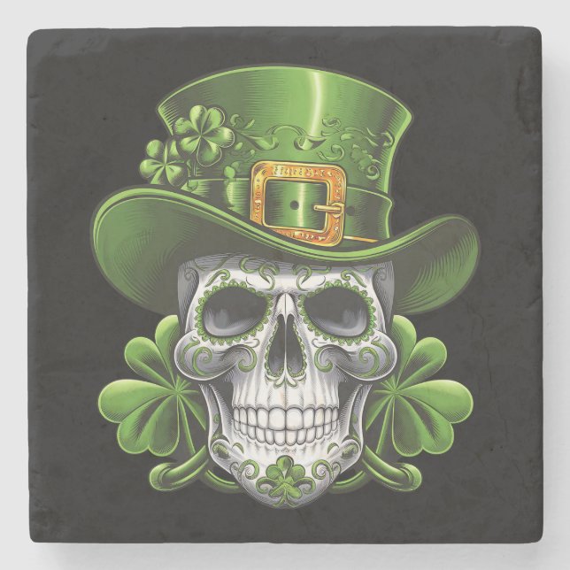 Sugar Skull St Patrick's Day Shamrock Stone Coaster (Front)