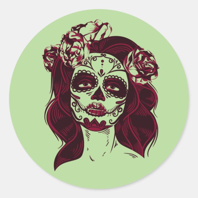 Sugar Skull Sticker Girl Green-Day of The Dead (Front)