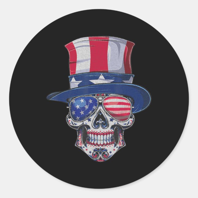 Sugar Skull Sunglasses USA Flag Memorial Day 4th o Classic Round Sticker (Front)