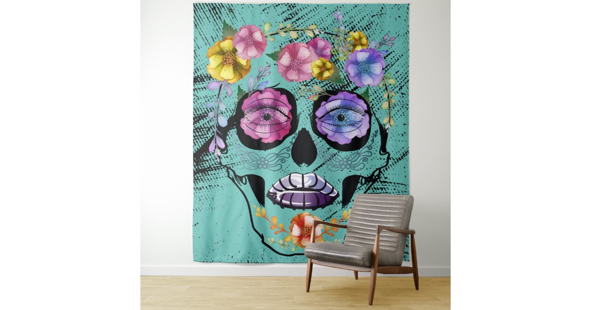 Sugar Skull Teal Female Flower Skull Tapestry | Zazzle
