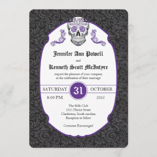 Sugar Skull Violet Damask Wedding Invitations