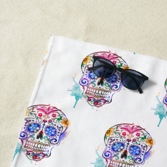 Sugar Skull Watercolor Tattoo Art Pattern Cool Beach Towel (In Situ)