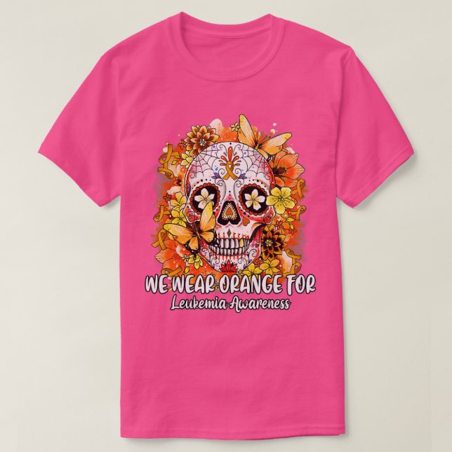 Sugar Skull We Wear Orange For Leukaemia Awareness T-Shirt (Design Front)