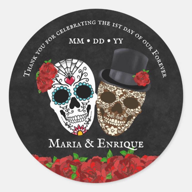 Sugar Skull Wedding Classic Round Sticker (Front)