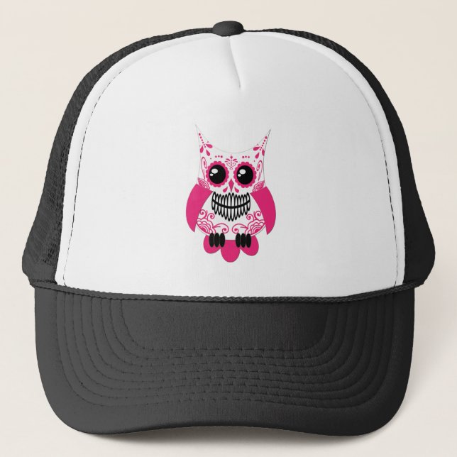Sugar Skull White Pink Owl Trucker Hat (Front)