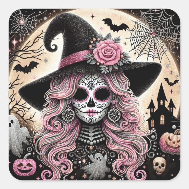Sugar Skull Witch and Spooky Halloween Scene Square Sticker (Front)