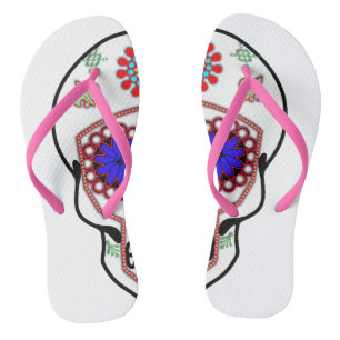 Sugar Skull With Blue Eyes and Green Fleur de Lis Flip Flops