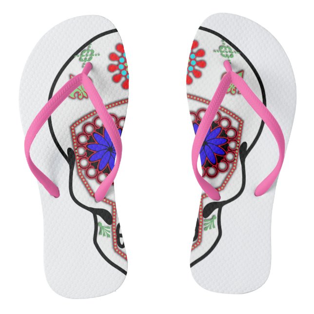 Sugar Skull With Blue Eyes and Green Fleur de Lis Flip Flops (Footbed)