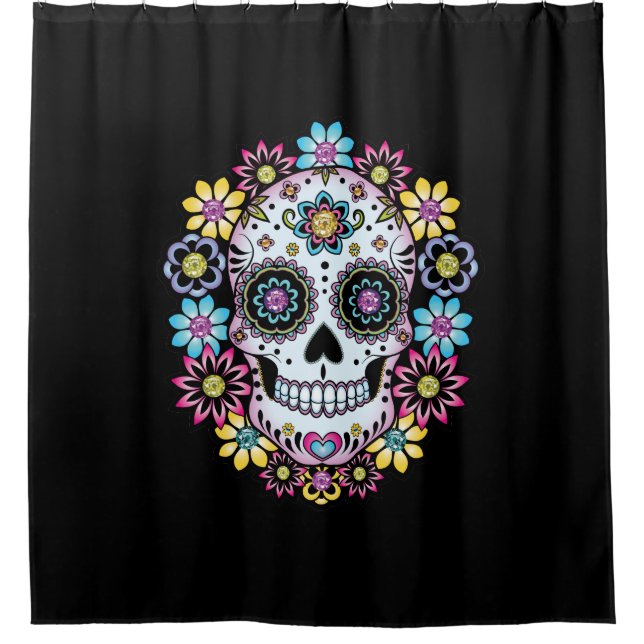 Sugar Skull with Colourful Flowers Shower Curtain (Front)