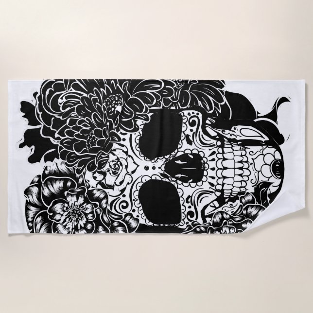 Sugar skull with flowers in black and white beach towel (Front)
