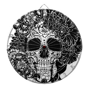 Sugar skull with flowers in black and white dartboard
