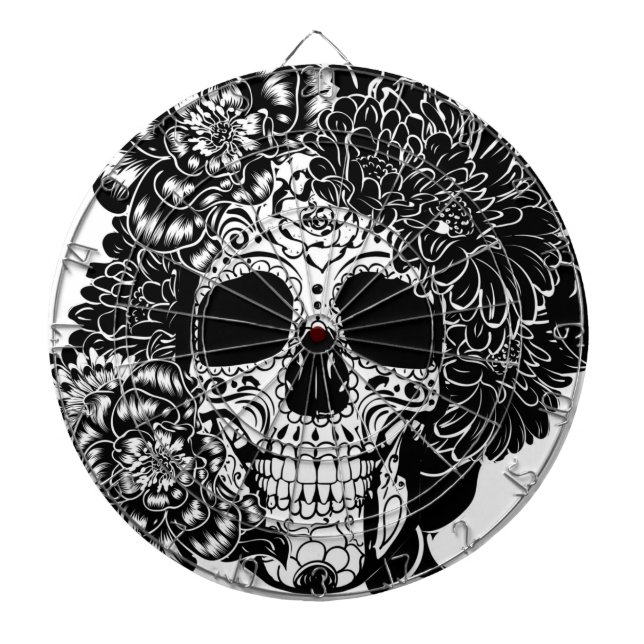 Sugar skull with flowers in black and white dartboard (Front)