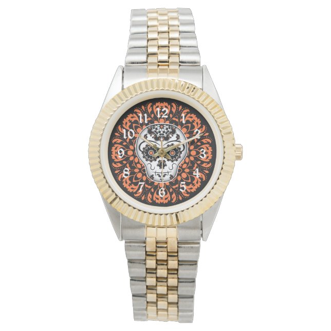 Sugar skull with orange accents watch (Front)