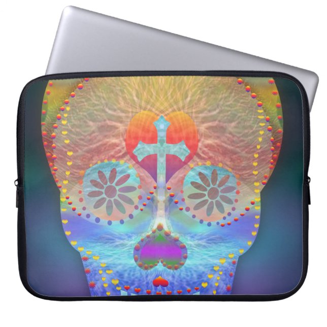 Sugar skull with rainbow coloured background laptop sleeve (Front)