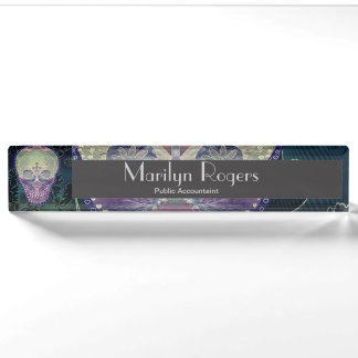 Sugar skull with rainbow colours, hearts nameplate