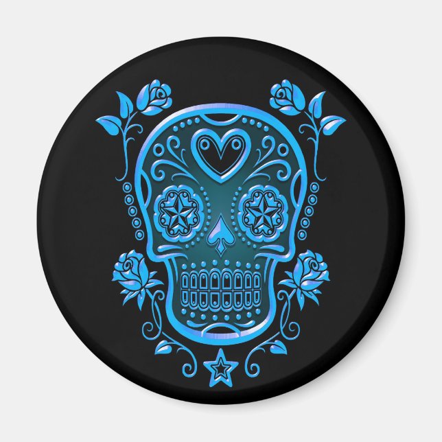 Sugar Skull with Roses, blue Magnet (Front)