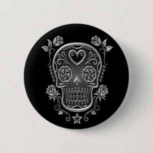 Sugar Skull with Roses, dark 6 Cm Round Badge