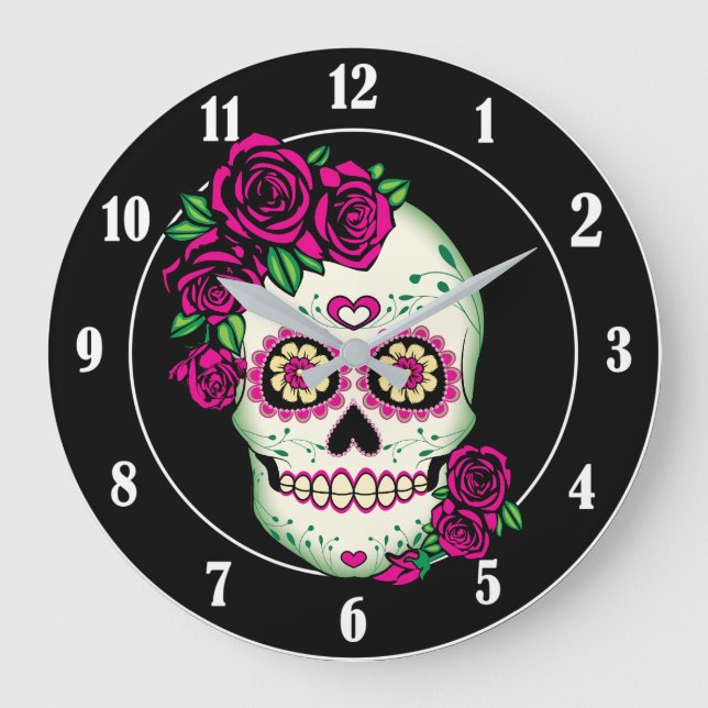 Sugar Skull with Roses Large Clock (Front)