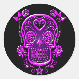 Sugar Skull with Roses, purple Classic Round Sticker