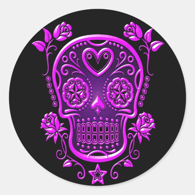 Sugar Skull with Roses, purple Classic Round Sticker (Front)