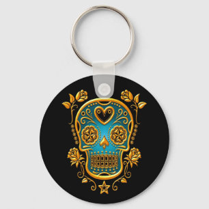 Sugar Skull with Roses, yellow and blue Key Ring