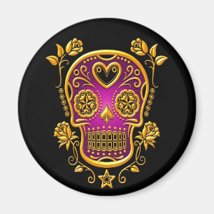 Sugar Skull with Roses, yellow and purple Magnet