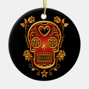 Sugar Skull with Roses, yellow and red Ceramic Tree Decoration
