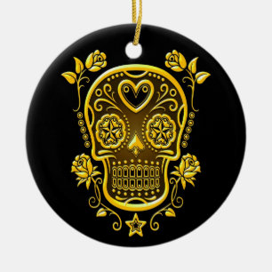 Sugar Skull with Roses, yellow Ceramic Tree Decoration
