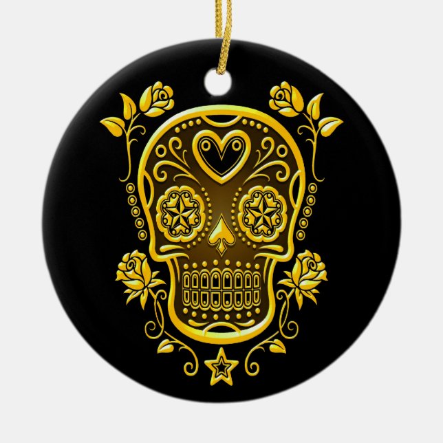Sugar Skull with Roses, yellow Ceramic Tree Decoration (Front)
