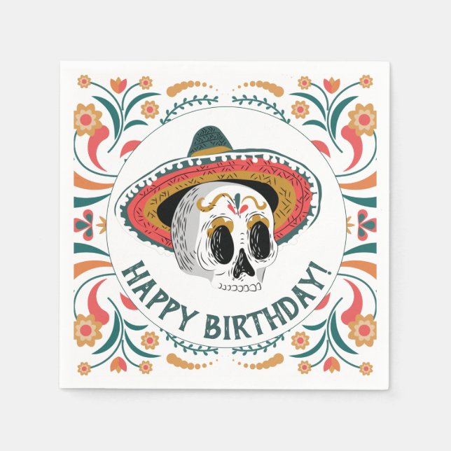 Sugar Skull with Sombrero Birthday Napkin (Front)