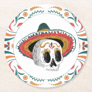 Sugar Skull with Sombrero Round Paper Coaster