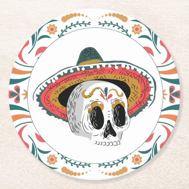 Sugar Skull with Sombrero Round Paper Coaster (Front)