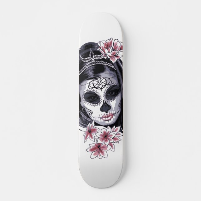 Sugar Skull Woman Blossom Flowers Illustration Skateboard (Front)