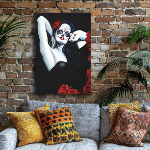 Sugar Skull Woman Gothic Black Red Roses Portrait Canvas Print