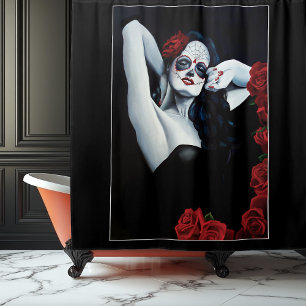 Sugar Skull Woman Gothic Black Red Roses Portrait Shower Curtain
