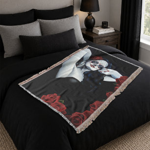 Sugar Skull Woman Gothic Black Red Roses Portrait Throw Blanket