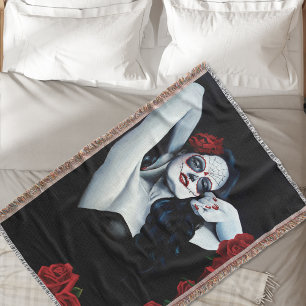 Sugar Skull Woman Gothic Black Red Roses Portrait Throw Blanket