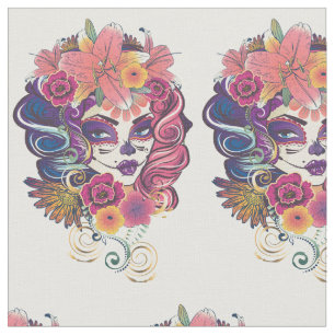 Sugar skull woman in flower crown portrait fabric