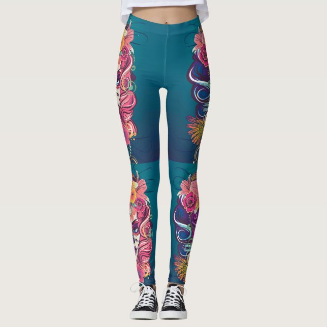 Sugar skull woman in flower crown portrait leggings (Front)