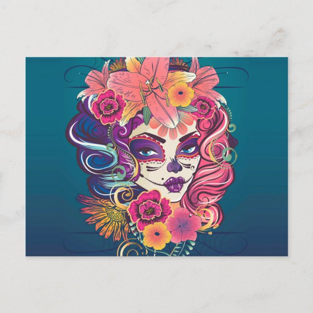 Sugar skull woman in flower crown portrait postcard (Front)