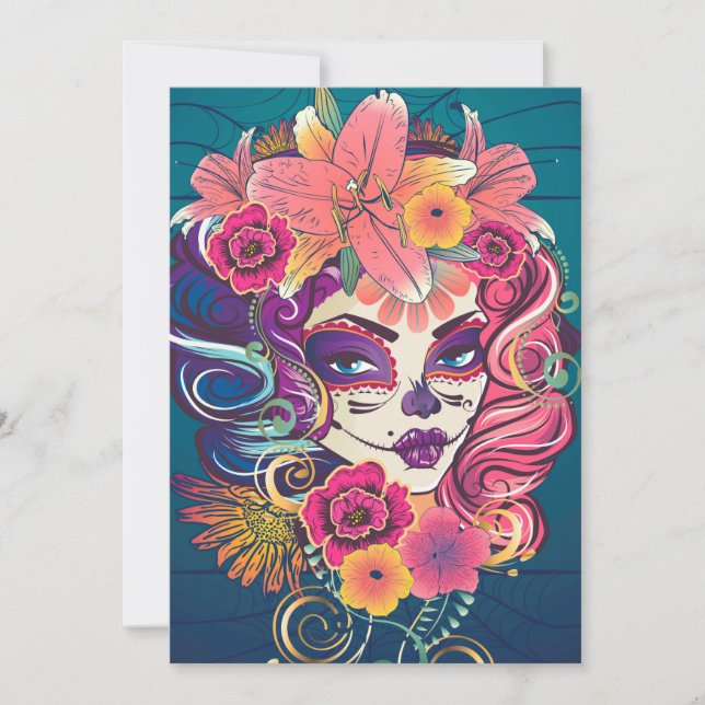 Sugar skull woman in flower crown portrait thank you card (Front)