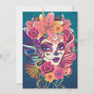 Sugar skull woman in flower crown portrait thank you card