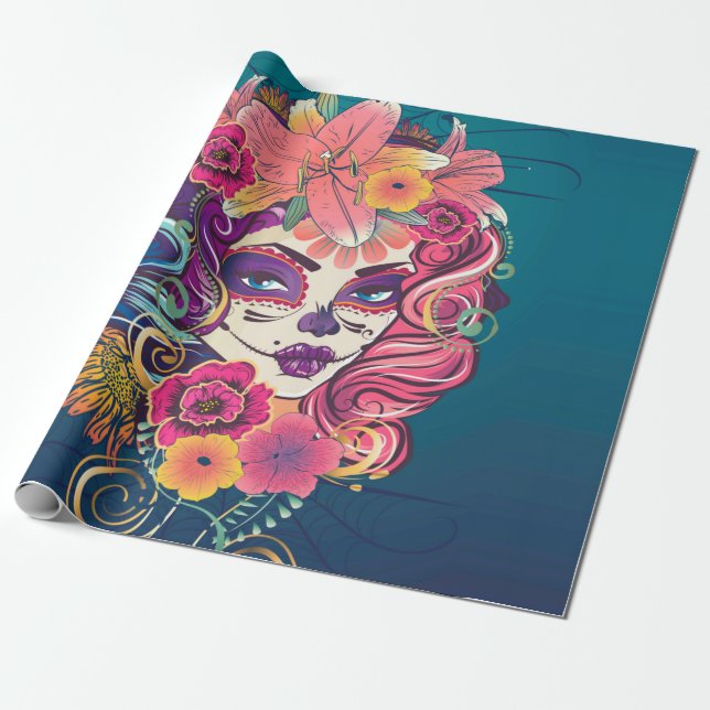 Sugar skull woman in flower crown portrait wrapping paper (Unrolled)