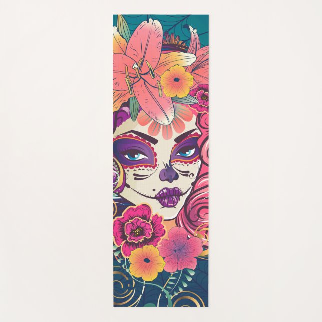 Sugar skull woman in flower crown portrait yoga mat (Front)