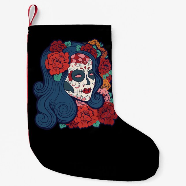 Sugar Skull Woman Red Roses In Hair Small Christmas Stocking (Front)