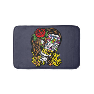 Sugar Skull Woman Rose in Hair Bath Mat