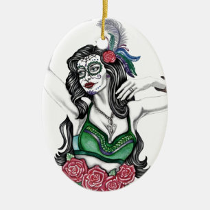 Sugar Skull Woman with Roses Ceramic Tree Decoration