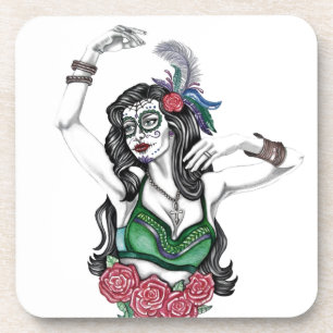 Sugar Skull Woman with Roses Coaster