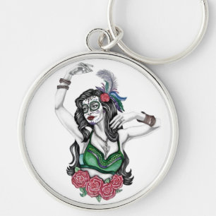 Sugar Skull Woman with Roses Key Ring