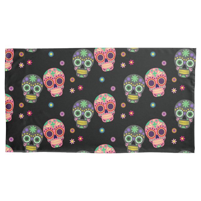 Sugar Skulls and Flowers Day of the Dead Pattern Pillowcase (Front)